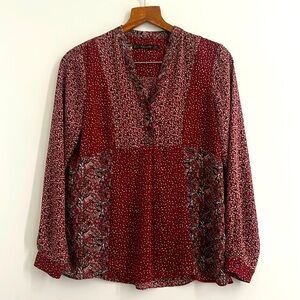 Zara Maroon Red Floral Long Sleeved Boho Peasant Blouse